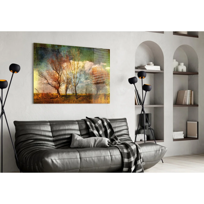 Stylized autumn trees wall art canvas with textured golden sky
