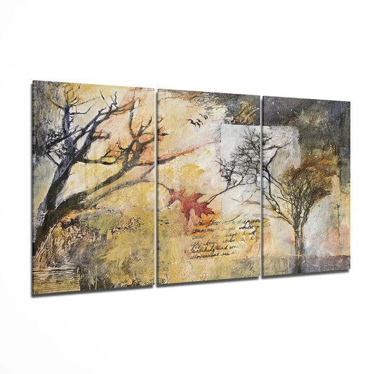 Earthy abstract triptych wall art with textured beige ochre brown tones and red leaf motif
