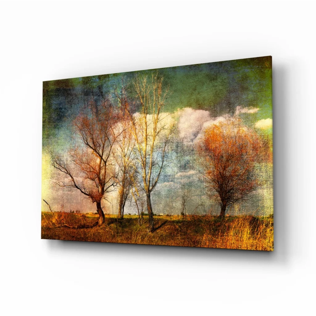Autumn trees textured canvas wall art with golden sky