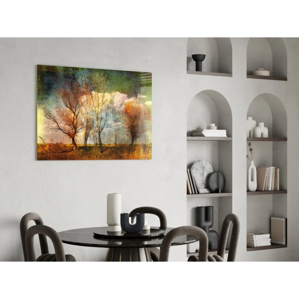 Autumn Trees Canvas Wall Art with Textured Golden Sky Print