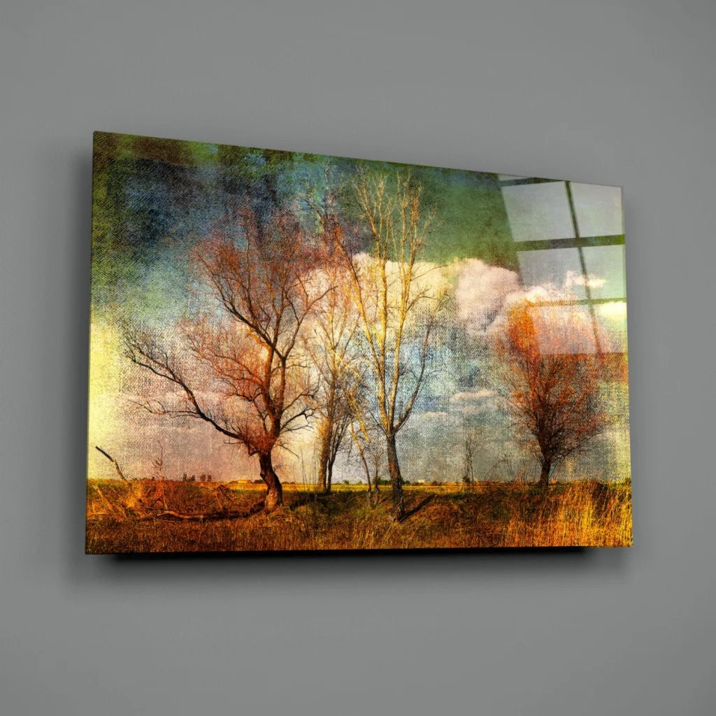 Autumn trees canvas wall art with textured golden sky on gray wall