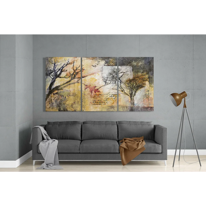 Earthy abstract triptych wall art with textured brushstrokes, tree silhouettes, red leaf accent