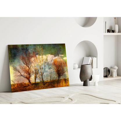 Stylized autumn trees wall art canvas with textured golden sky