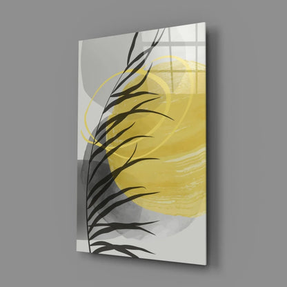 Modern bold yellow circle palm glass wall art with black leaf silhouettes