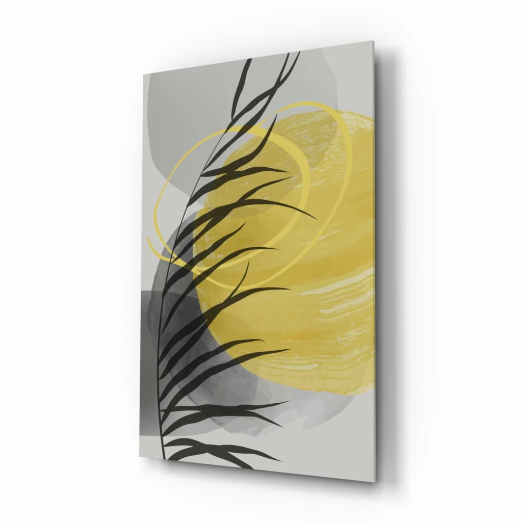Bold yellow circle palm glass wall art with black leaf silhouettes