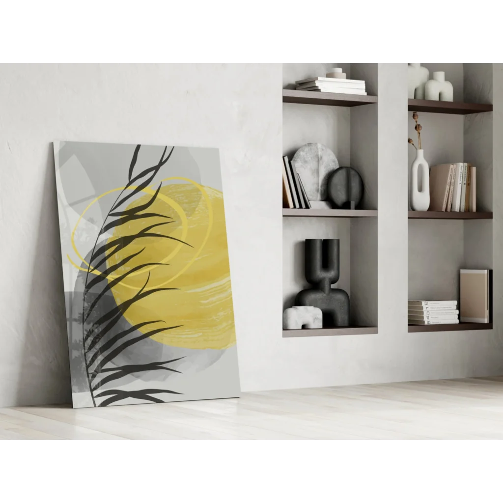 Bold yellow circle palm glass wall art with black leaf silhouettes