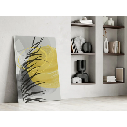 Bold yellow circle palm glass wall art with black leaf silhouettes