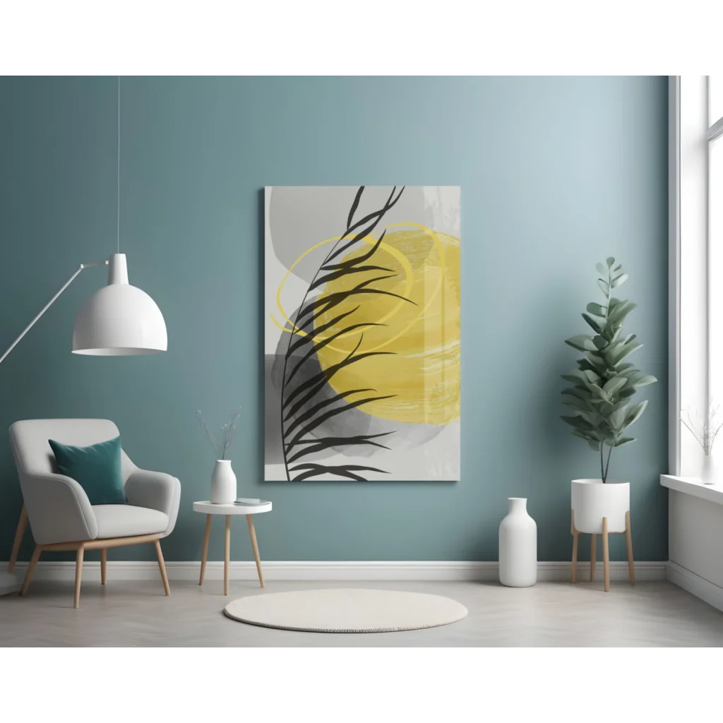Bold yellow circle palm glass wall art with black leaf silhouettes