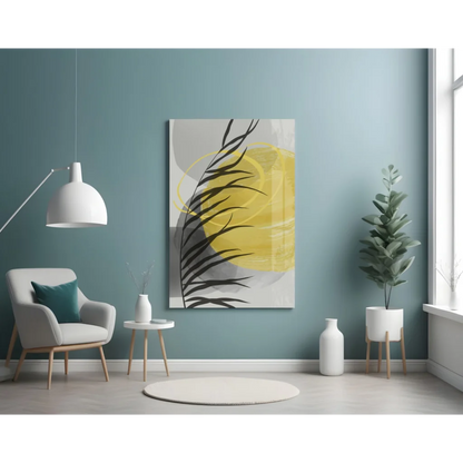 Bold yellow circle palm glass wall art with black leaf silhouettes