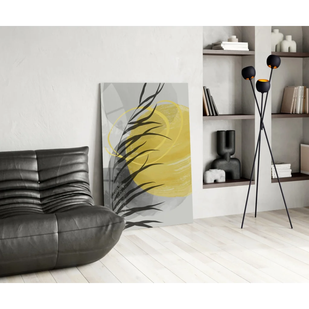 Bold yellow circle palm glass wall art with black leaf silhouettes