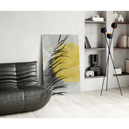 Bold yellow circle palm glass wall art with black leaf silhouettes