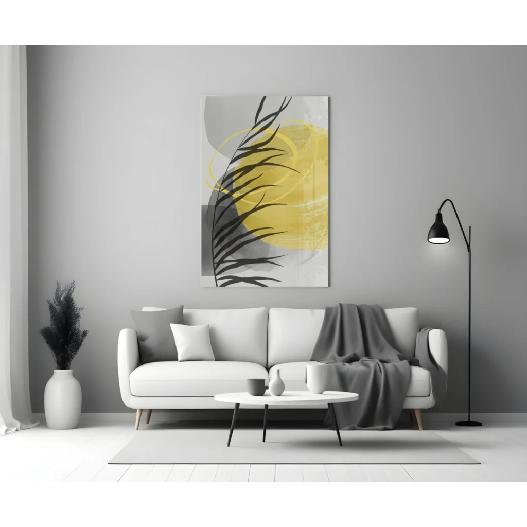 Bold yellow circle palm glass wall art with black leaf silhouettes