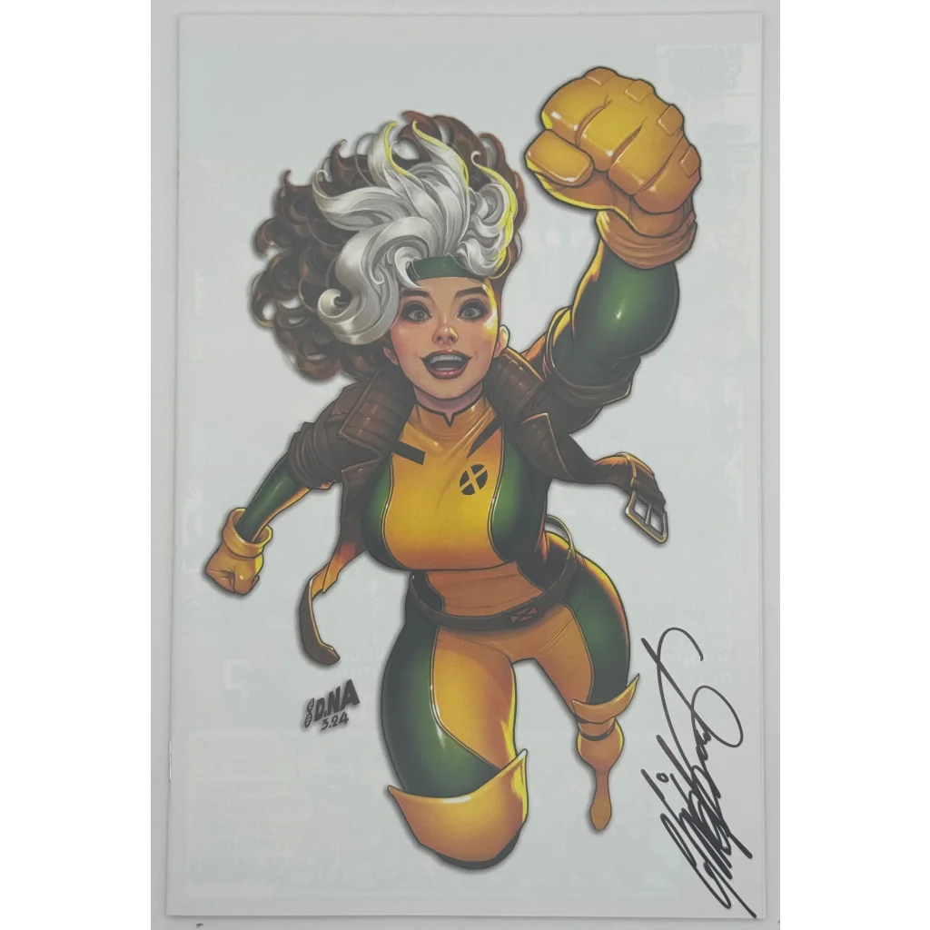 Female superhero with white black hair in yellow green costume from Avengers Annual Facsimile Edition signed by Chris Claremont