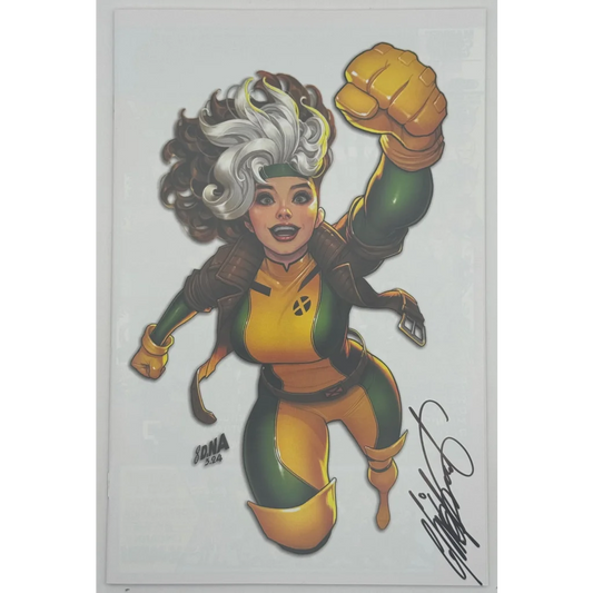 Female superhero with white black hair in yellow green costume from Avengers Annual Facsimile Edition signed by Chris Claremont