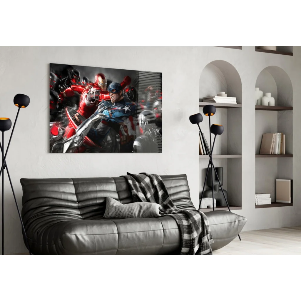 Epic Iron Man and Captain America glass wall art in action