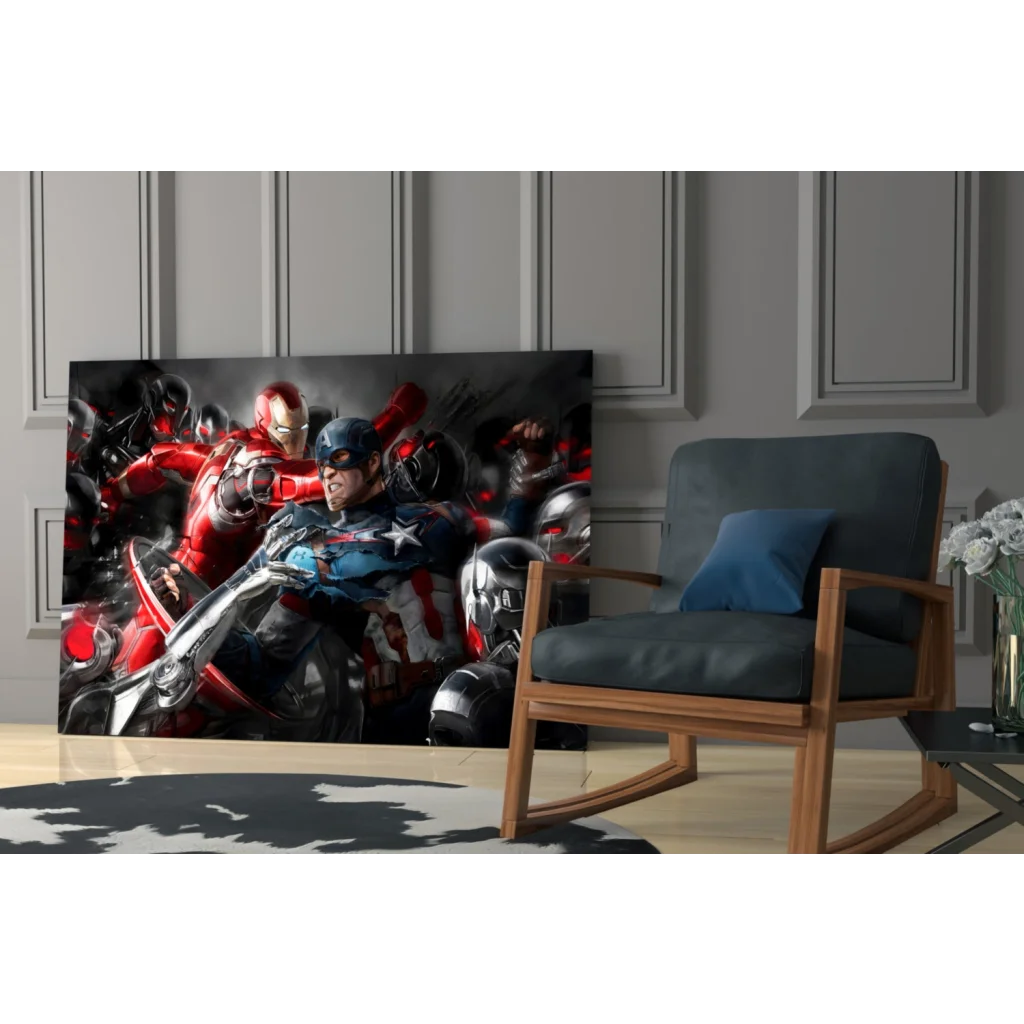 Epic Marvel Heroes glass wall art with Iron Man and Captain America in dynamic combat