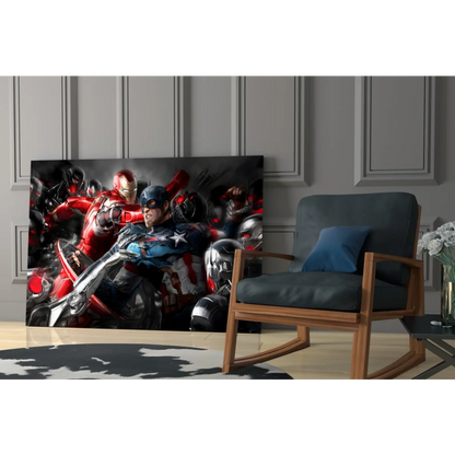 Epic Marvel Heroes glass wall art with Iron Man and Captain America in dynamic combat