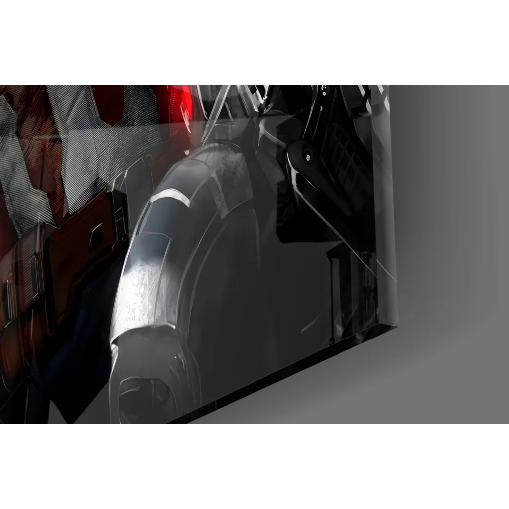 Sleek silver Iron Man shoulder plate on Epic Marvel Heroes glass wall art