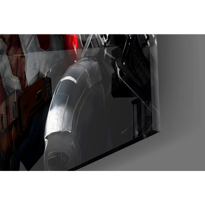 Sleek silver Iron Man shoulder plate on Epic Marvel Heroes glass wall art