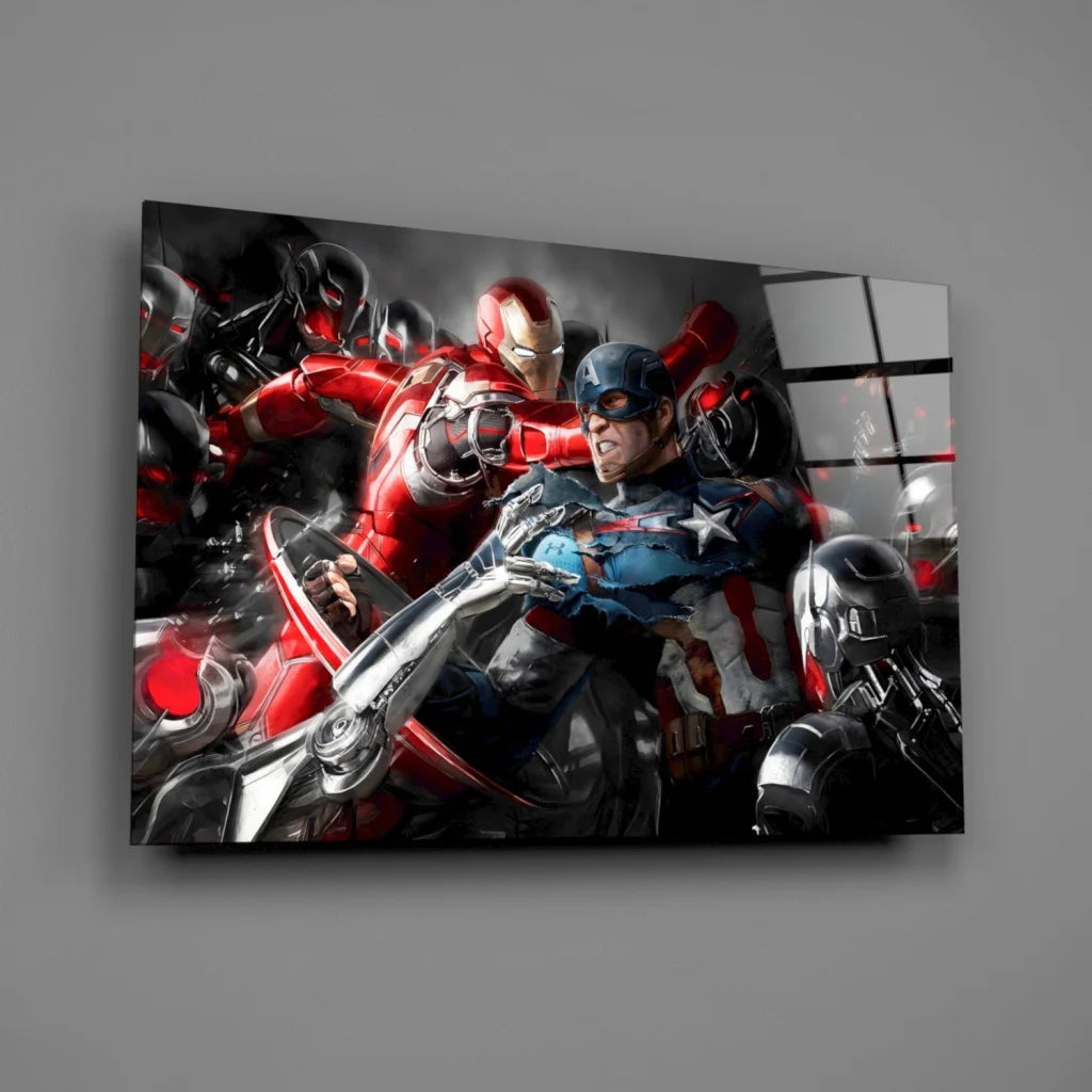 Epic Iron Man and Captain America glass wall art vs Ultron