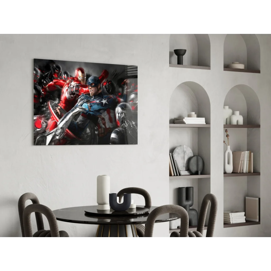 Epic Marvel Heroes glass wall art with Iron Man and Captain America