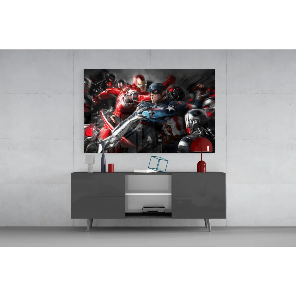 Epic Iron Man and Captain America glass wall art
