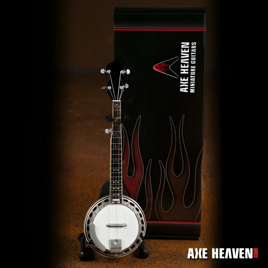 Axe Heaven black and white banjo miniature on adjustable A-frame stand