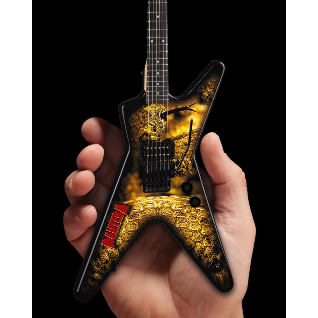 Axe Heaven Dimebag Darrell Dragon ML mini guitar with black gold dragon design and adjustable A-frame stand