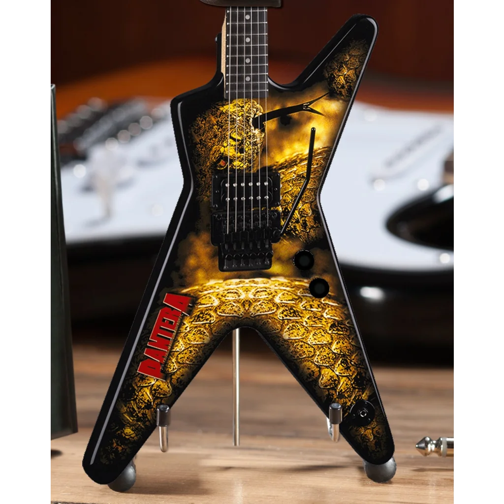 Axe Heaven Dimebag Darrell Dragon ML mini guitar in black gold on adjustable A-frame stand