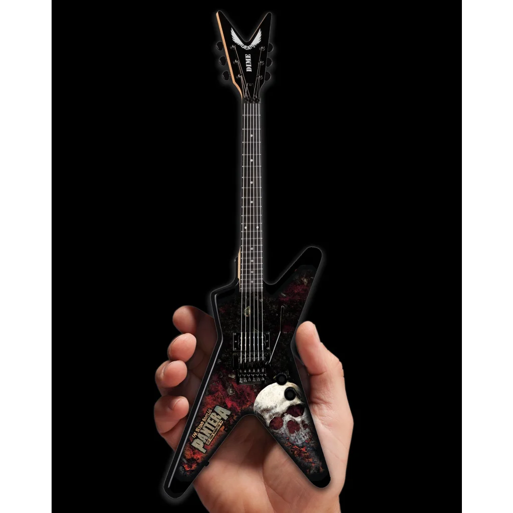 Axe Heaven Dimebag Darrell Pantera skull mini guitar replica on adjustable A-Frame stand