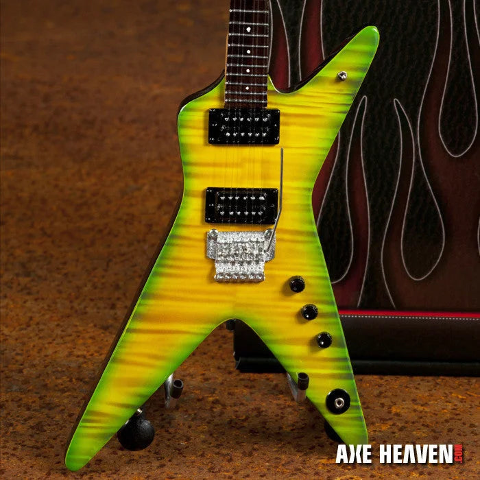 Axe Heaven Slime Dime mini guitar replica with flame pattern on adjustable A-frame stand