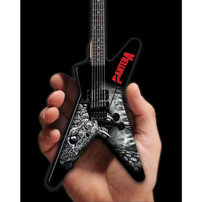 Black and silver Axe Heaven Pantera Skull guitar replica on adjustable A-Frame stand