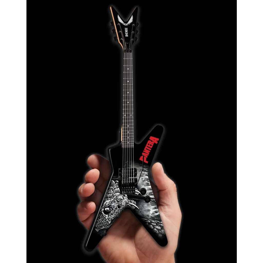 Axe Heaven Dimebag Pantera skull guitar replica on adjustable A-Frame stand