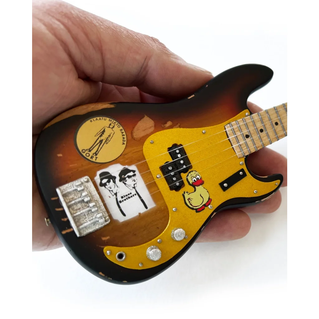 3D mini Fender Stratocaster with sunburst finish, stickers, Axe Heaven stand