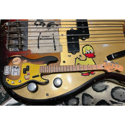 Axe Heaven Fender mini guitar with Blues Brothers decals on adjustable A-frame stand