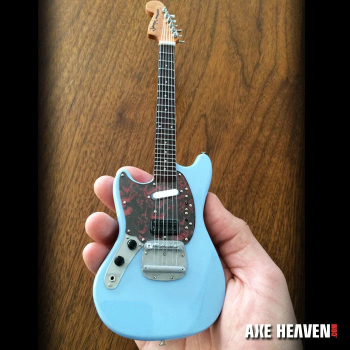 Axe Heaven baby blue Fender Mustang mini guitar with adjustable A-frame stand