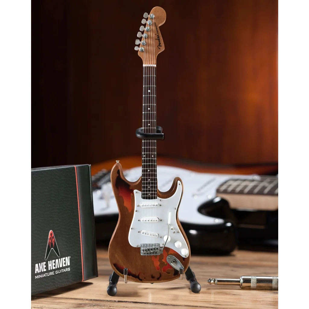 Axe Heaven Fender Strat miniature guitar in sunburst finish with rosewood fretboard and guitar case gift