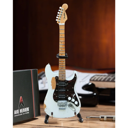 Mini Axe Heaven Fender Strat white guitar on adjustable A-frame stand in case gift