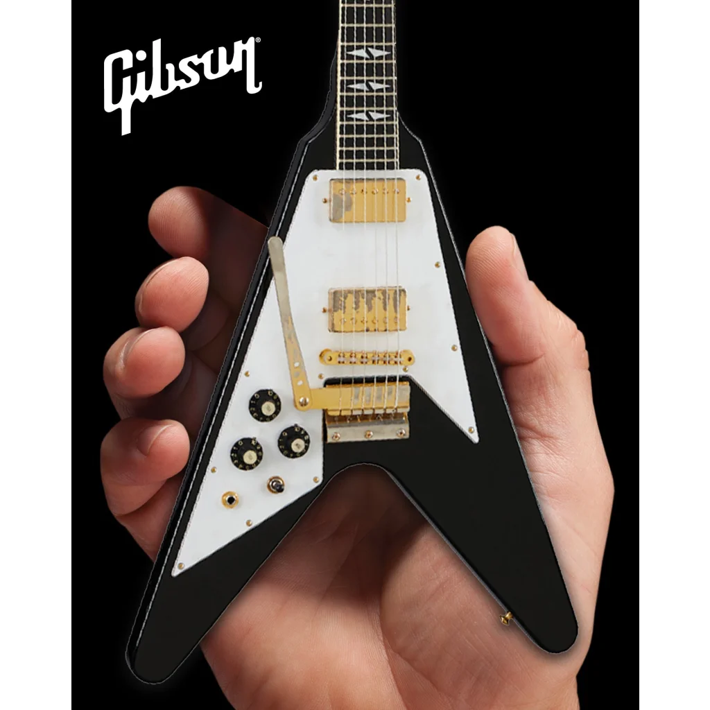Axe Heaven Gibson Flying V scale mini guitar replica, black white body gold hardware