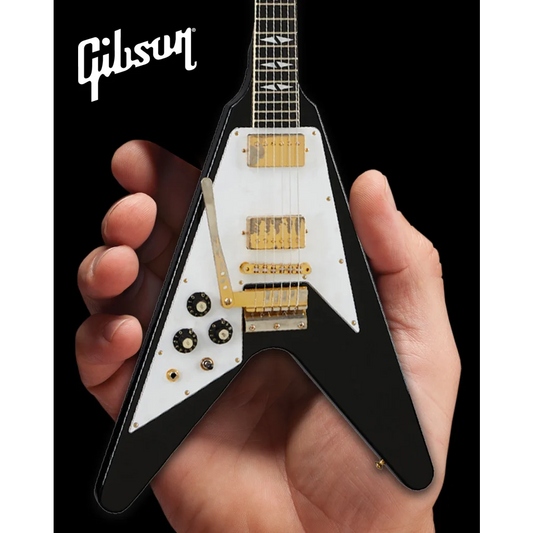 Axe Heaven Gibson Flying V scale mini guitar replica, black white body gold hardware