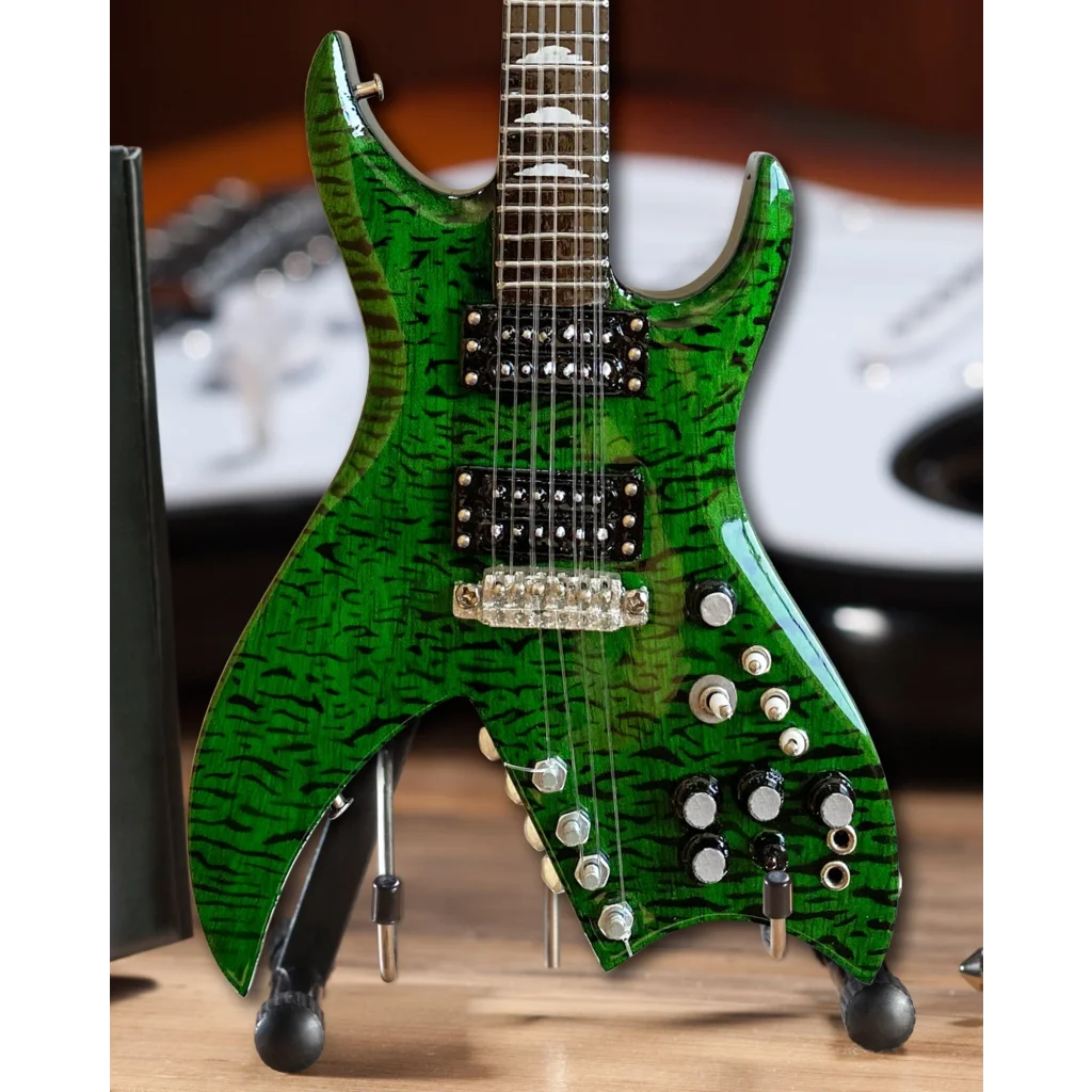 Axe Heaven Green Bich miniature guitar replica with adjustable A-frame stand