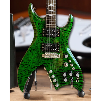 Axe Heaven Green Bich miniature guitar replica with adjustable A-frame stand