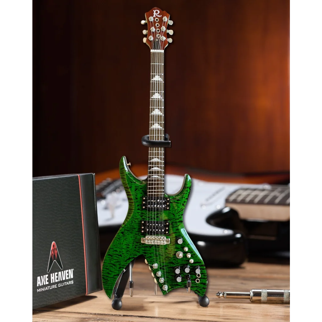 Axe Heaven green bich miniature guitar replica with adjustable a-frame stand