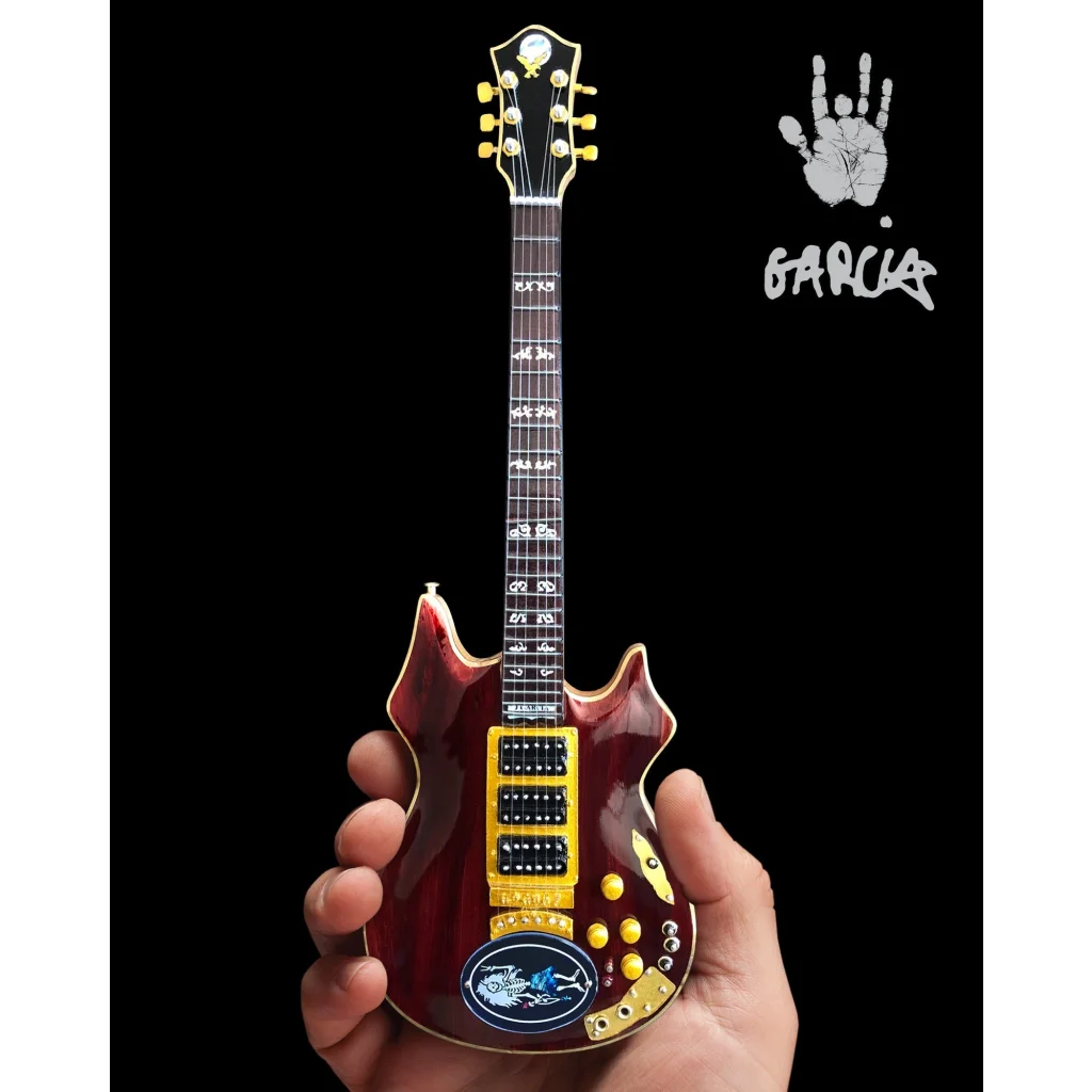 Axe Heaven mini red Gibson guitar replica with gold hardware and adjustable A-frame stand