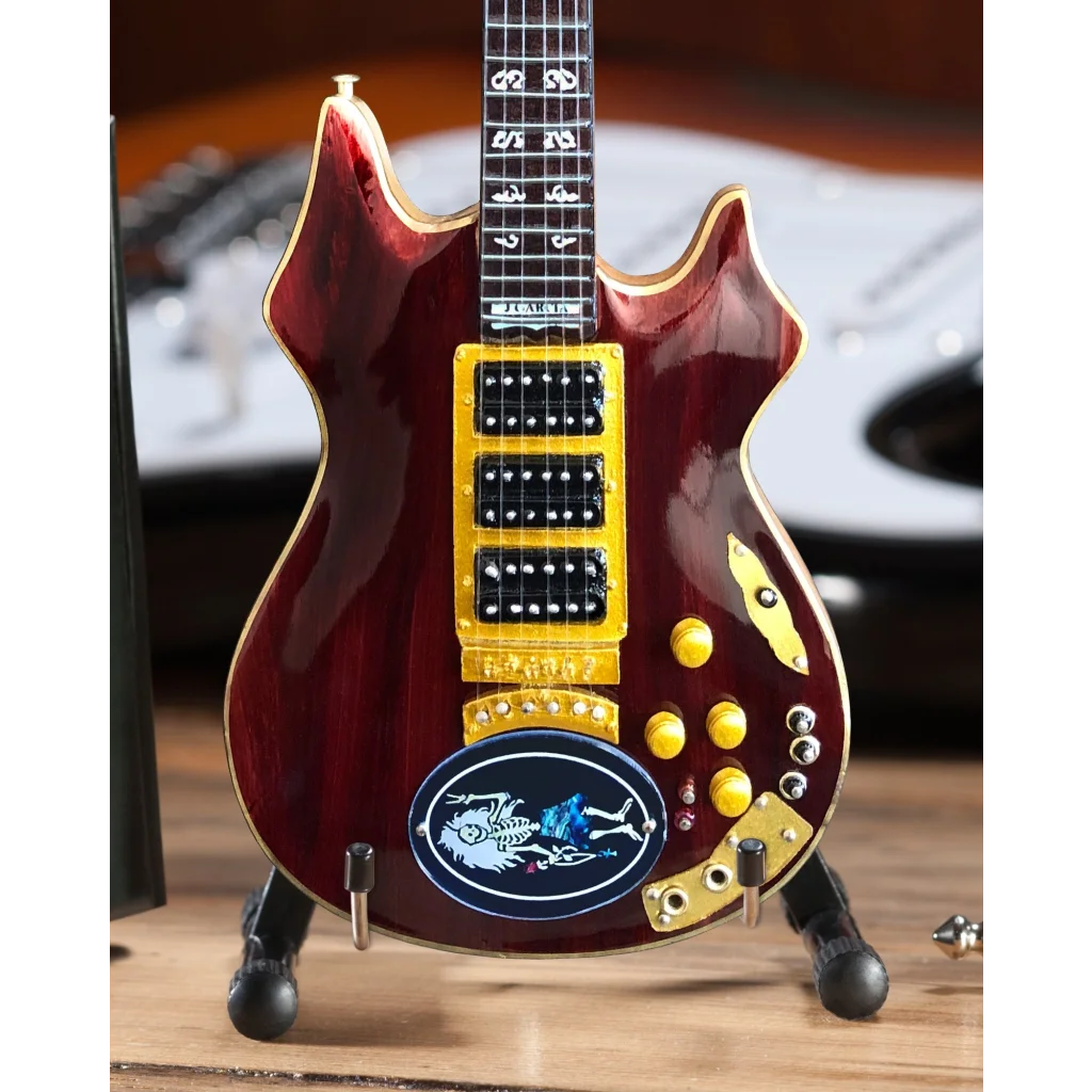 Red Axe Heaven® guitar mini replica with gold hardware and blue pickguard on adjustable A-frame stand