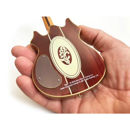 Brown and gold Axe Heaven® guitar ornament with logo on adjustable A-frame stand