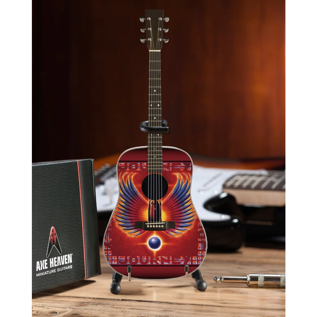 Axe Heaven Journey Phoenix Wings mini guitar with vibrant red orange wings on adjustable A-frame stand