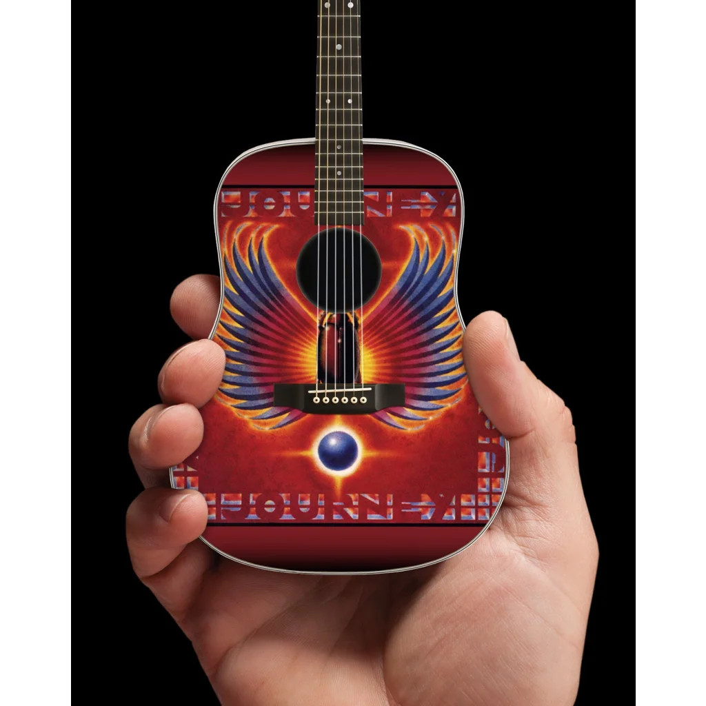 Red orange Axe Heaven® Phoenix Wings mini guitar with adjustable A-frame stand