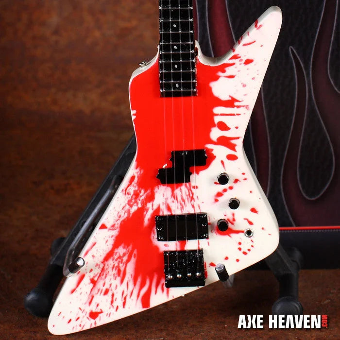 Red white flame Axe Heaven Michael Anthony Blood Bass mini guitar on stand