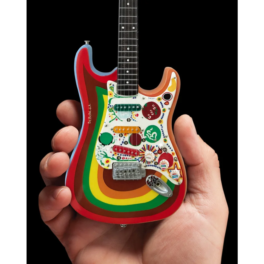 Axe Heaven mini guitar: Rocky Strat with rainbow floral red body and adjustable A-frame stand